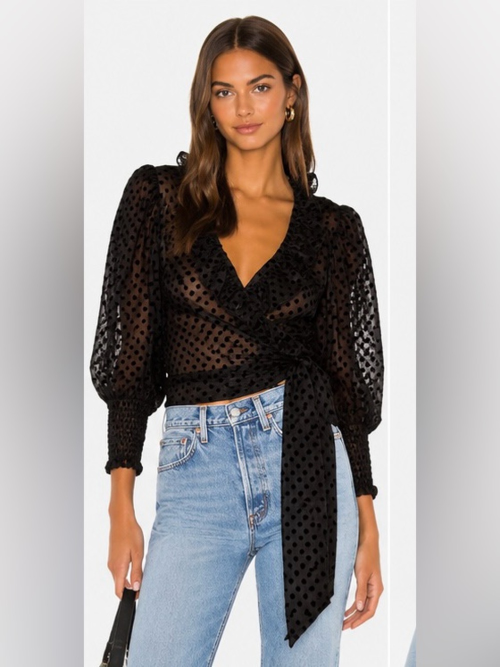 GANNI Jasmine Flocked Polka Dot Wrap Blouse | Black Sheer Ruffle Top Small